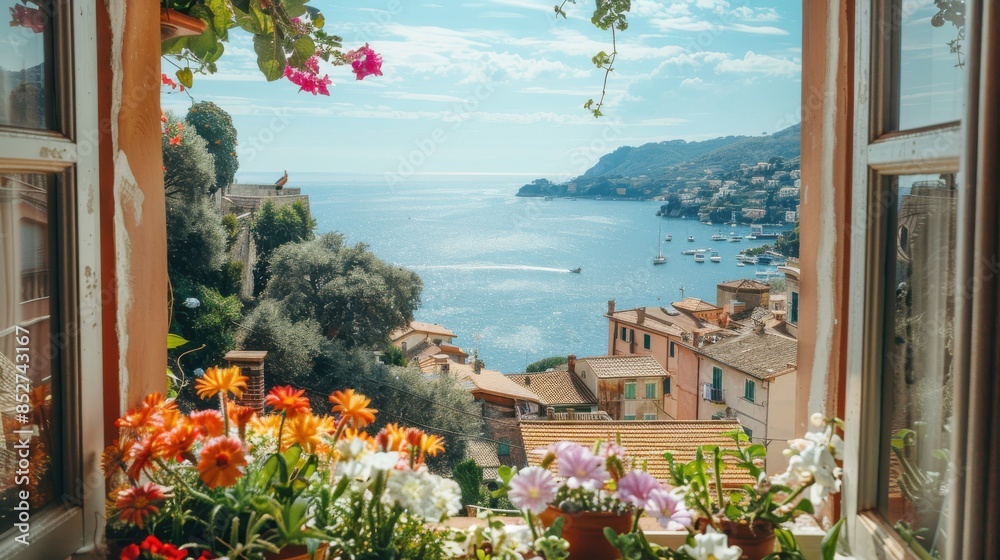 Poster A window view of a city with a large body of water in the background. The view is filled with colorful flowers and plants, creating a peaceful and serene atmosphere