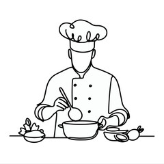Continuous line drawing of Chef Preparing Food, Chef Preparing Food line art, chef line art