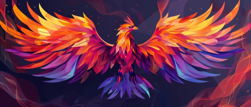 Abstract illustration of a phoenix with vibrant wings, rising from the ashes.