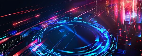 Futuristic digital interface with vibrant neon lights and cyber elements, representing technology, innovation, and data visualization.