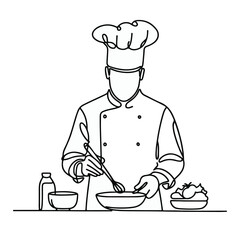 Continuous line drawing of Chef Preparing Food, Chef Preparing Food line art, chef line art