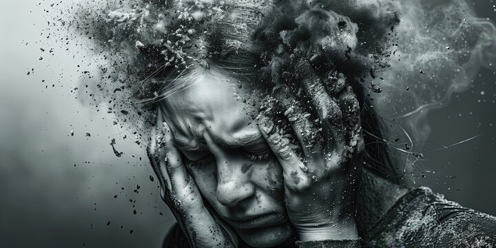 Black and white surreal portrait of a distressed woman with exploding head effect, emotional and dramatic conceptual art
