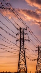 Electric towers lined up against a sunset