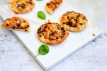 Mini american burger pizza with  onion .American finger food 