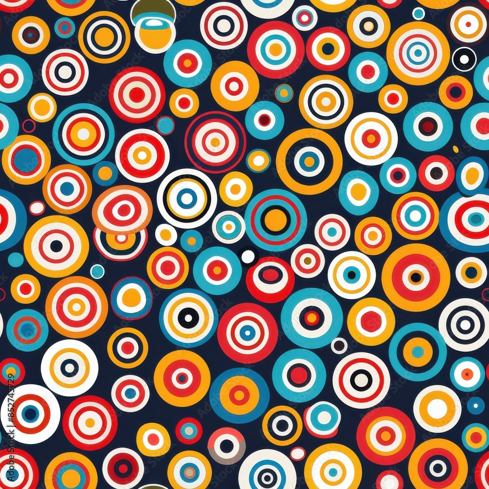 Poster This image features a repeating pattern of colorful concentric circles on a dark blue background. The circles are arranged randomly and are of varying sizes, with some overlapping. The colors used inc