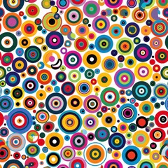 A digital illustration depicting a seamless pattern of colorful concentric circles, designed in a modern, abstract style. The circles are of varying sizes and feature various color combinations, creat
