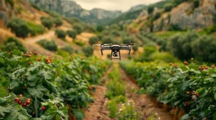 Drone Surveying Agriculture: A drone flies over a vast agricultural field, showcasing the potential of aerial imagery and technology in precision agriculture.