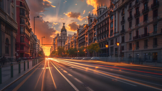 The bustling avenues and neoclassical facades of Madrids Gran Via under a brilliant sunset.