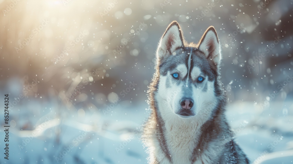 Poster a dog with blue eyes stands in the snow. the dog is looking at the camera. the image has a calm and 