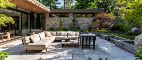 Obraz premium Serene garden path winding through lush greenery, adorned with stones and shaded by trees