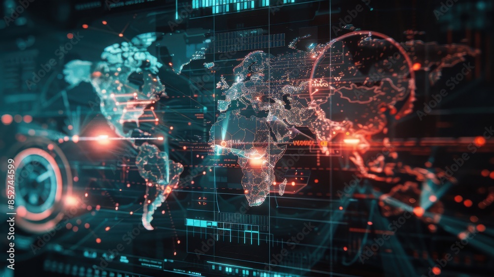Poster a computer screen shows a map of the world with many dots and lines. the map is in red and blue colo