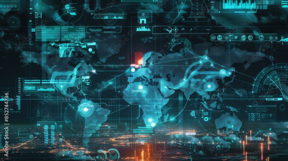Poster a computer screen shows a map of the world with many different icons and numbers. scene is one of te