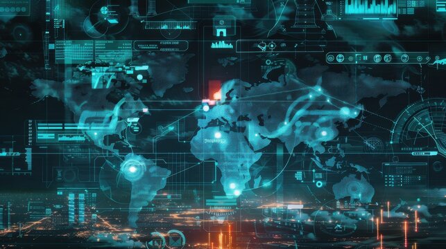 A computer screen shows a map of the world with many different icons and numbers. Scene is one of technology and innovation, as it represents the interconnectedness of the world through the internet - Powered by Adobe
