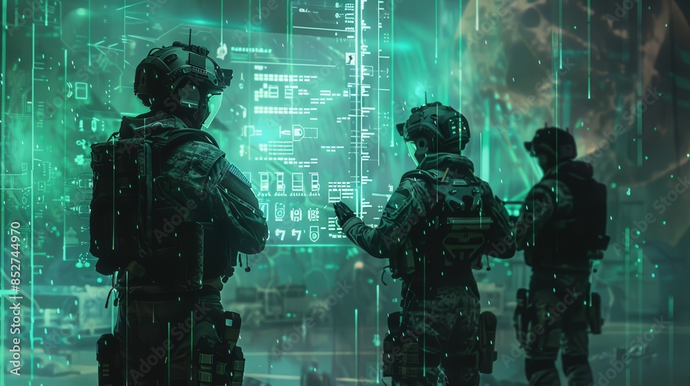 Poster three soldiers are looking at a computer screen. the soldiers are wearing green uniforms and are sta