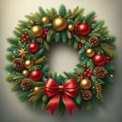 A beautifully decorated Christmas wreath adorned with red and gold ornaments, pinecones, and berries. A large red bow sits at the bottom, making it the perfect festive decoration for the holiday