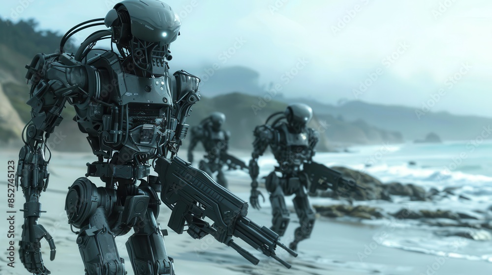 Poster A group of robots are walking on a beach, with one of them holding a gun. The scene is set in a futuristic world, and the robots appear to be soldiers. Scene is tense and serious
