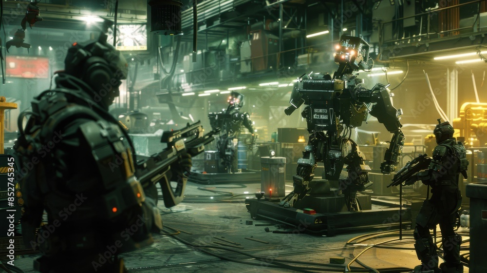 Poster A group of soldiers are in a factory, with a robot in the middle of them. The soldiers are holding guns and the robot is equipped with a gun. Scene is tense and serious