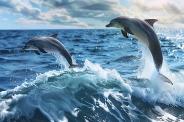 Fototapeta premium Captivating dolphins performing acrobatic jumps over the rolling waves, the sunlight illuminating their smooth, grey bodies, as they splash back into the pristine, deep blue water.
