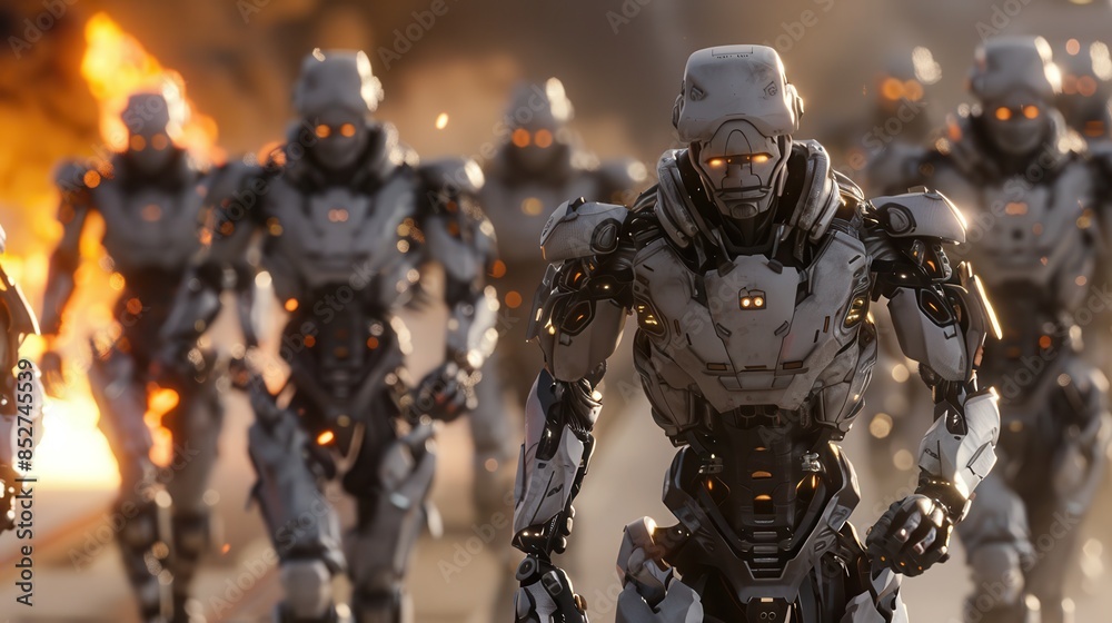 Poster A group of robots are marching through a fiery battlefield. The robots are all white and have glowing eyes, giving them an eerie and menacing appearance. The scene is intense and chaotic