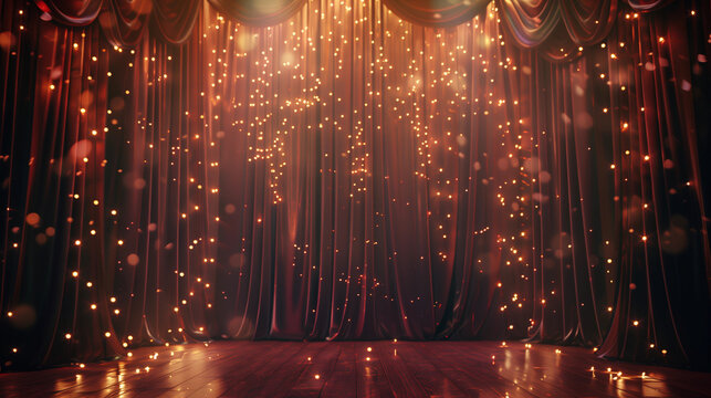 Black gold stage theater fairy lights curtain elegant glamorous sparkling bokeh luxurious empty shine show draping velvet fabric backdrop background party photobooth twinkling royal stylish galmourous