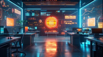 Futuristic office workspace with advanced digital holograms and high-tech equipment, featuring glowing neon lights and modern workstations.