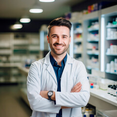 Fototapeta premium Stock minimalist photography of a smiling pharmacist standing at the pharmacy counter, surrounded by shelves of medications, bright lighting