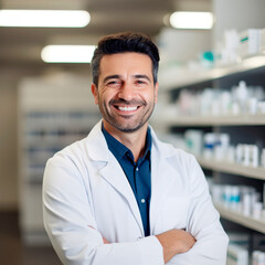 Fototapeta premium Stock minimalist photography of a smiling pharmacist standing at the pharmacy counter, surrounded by shelves of medications, bright lighting