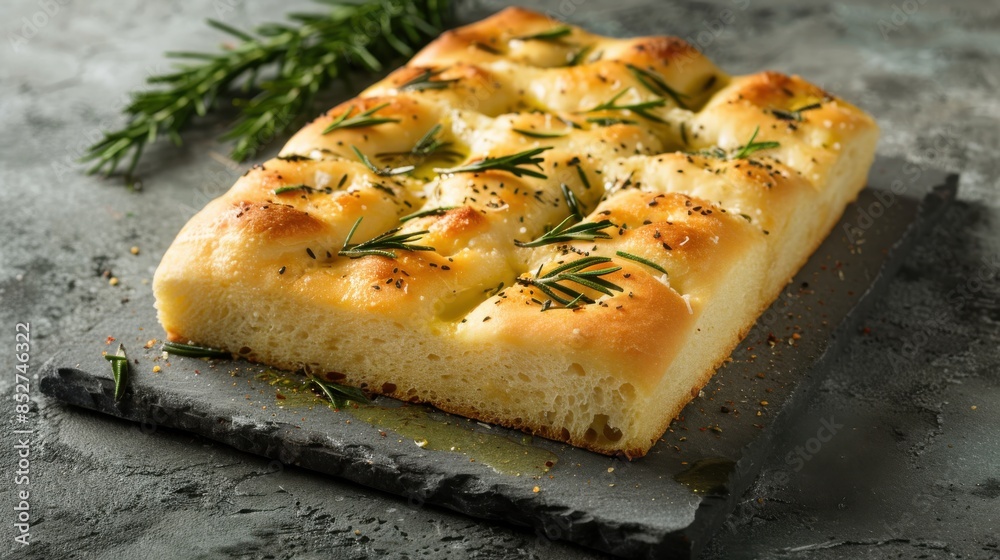 Poster a piece of bread with herbs on top of it. the bread is cut into squares and has a crust