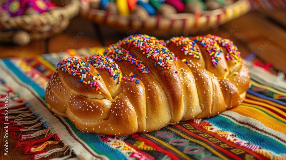 Poster A colorful pastry with sprinkles on top sits on a tablecloth. The tablecloth is multicolored and has a pattern. The pastry is the main focus of the image, and the sprinkles add a touch of sweetness