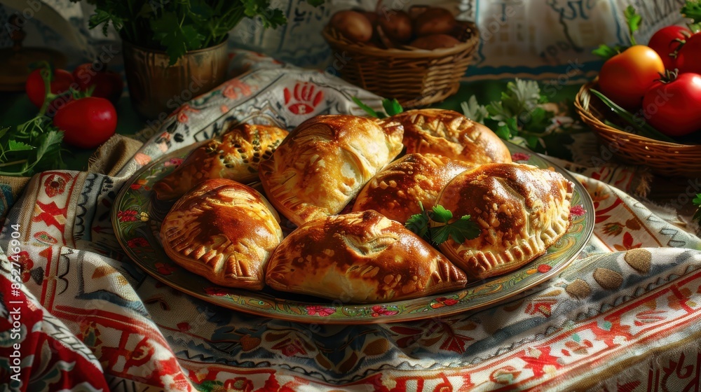 Poster a plate of pastries sits on a table with a red and white cloth. the pastries are arranged in a circl