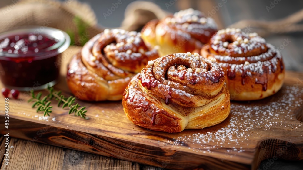 Poster a plate of cinnamon rolls with powdered sugar on top sits on a wooden cutting board. the rolls are a