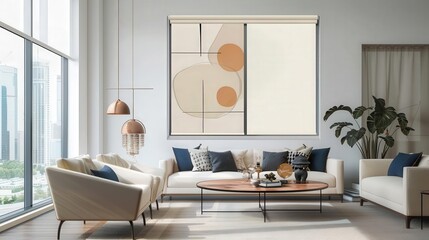 Obraz premium Design a modern living room with wall art featuring a harmonious blend of pastel colors and geometric shapes