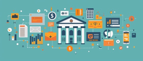 Illustration of financial technology and banking icons interconnected, representing modern digital banking and data flow.