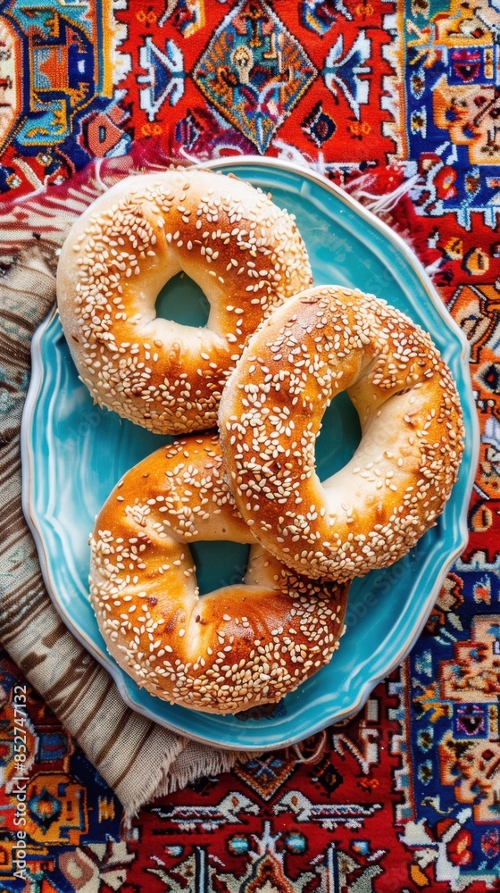 Poster three sesame seed bagels on a blue plate on a red rug. the bagels are arranged in a row and are read