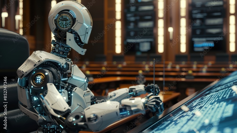 Leinwandbilder A robot is sitting at a desk in front of a computer monitor. The robot is wearing a white suit and has a clock on its head. The scene is set in a room with a lot of furniture, including chairs