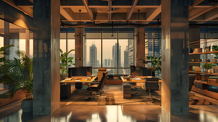 Fototapeta premium Sleek corporate workspace, modern office interior with stylish furniture and panoramic city views