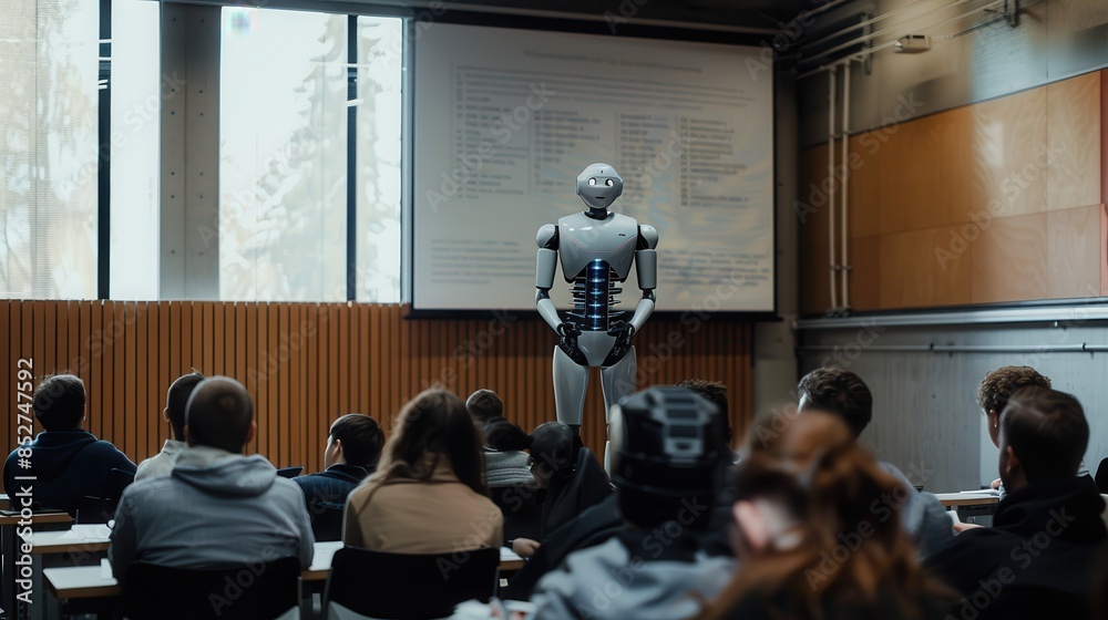 Poster A robot is standing in front of a group of people in a classroom. The robot is wearing a black suit and has a serious expression on its face