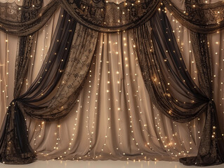 Beige brown stage theater fairy lights curtain elegant glamorous sparkling bokeh luxurious empty show draping sheer fabric backdrop background party photo booth twinkling royal stylish musical moody 