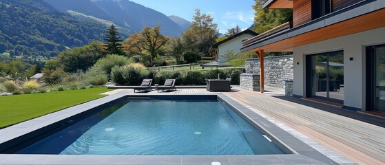 Serene pool area in a luxury home, offering a peaceful escape and spa-like atmosphere