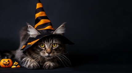 Halloween-themed background with a cat wearing a spooky hat, set against a dark black wallpaper.