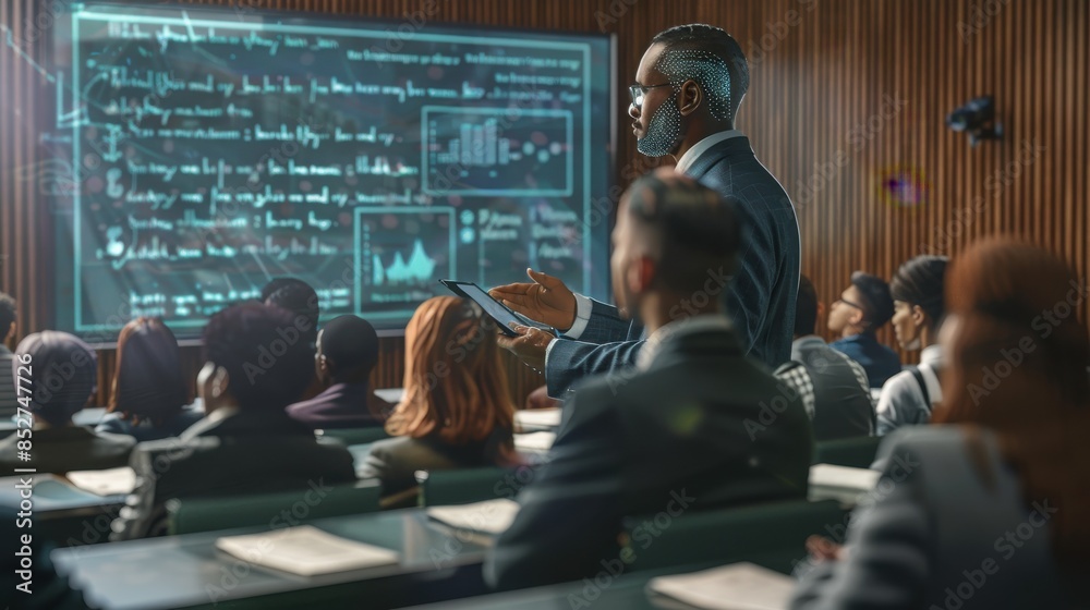 Poster a man is giving a presentation in front of a large group of people. the man is wearing a suit and gl