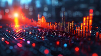 Futuristic digital data visualization with glowing graphs and charts representing technology, analysis, and information on a dark background.