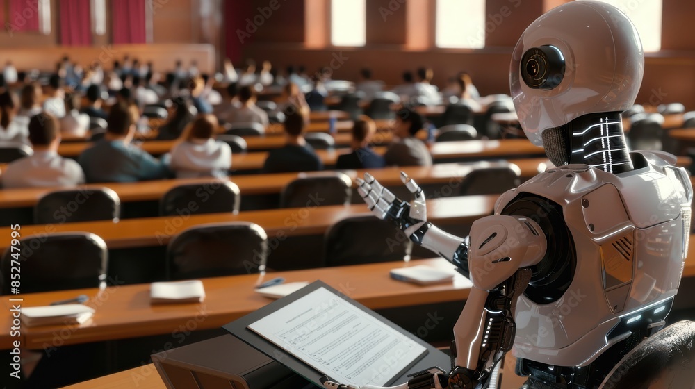 Leinwandbilder a robot is sitting at a desk in front of a crowd of people. the robot is holding a piece of paper an