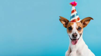 A playful dog in a circus hat on a birthday-themed background, perfect for celebratory and festive wallpapers.