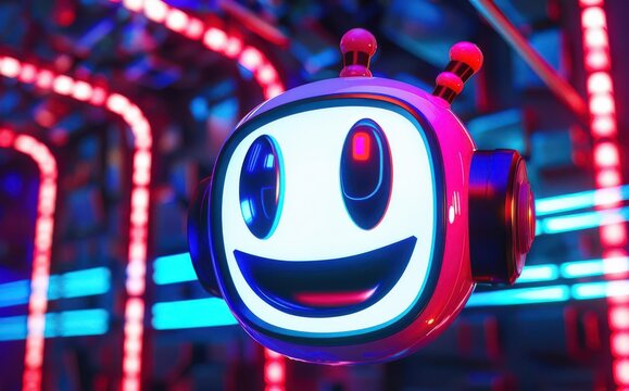 Long shot, A futuristic company logo, the face of a cuphead who smiles The logo is welcoming and colorful The logo represents the companys mascot