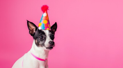 Happy birthday dog in circus hat on pink background banner