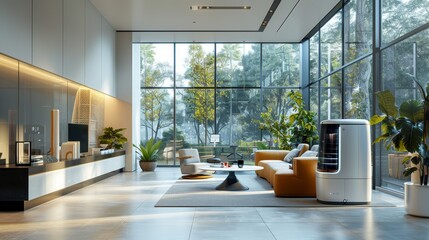 Modern living room with large windows, natural light, contemporary furniture, and cozy atmosphere overlooking green trees.
