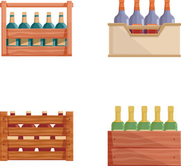 Vector illustration of four different wooden wine crates with bottles