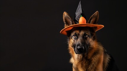 A joyful canine in a festive Halloween hat, highlighted in a banner against a deep black dark background, providing a striking contrast for effective advertising