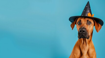 A smiling dog in a quirky Halloween hat is highlighted in a banner against a soothing blue background, designed for effective advertising placements.